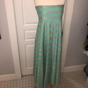 Seven7 green/silver striped strapless maxi dress